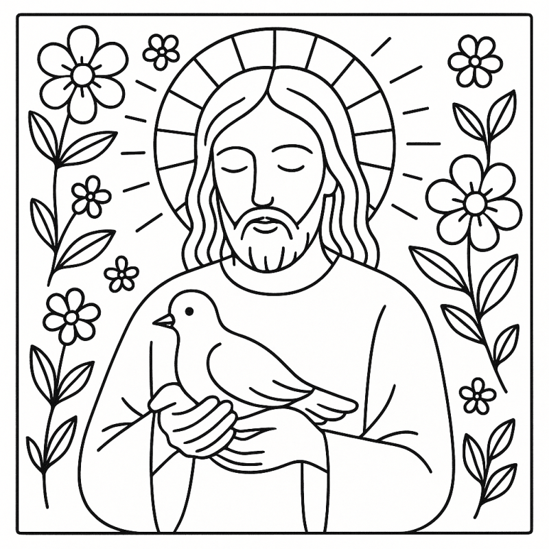 Desenho de Jesus com Pomba para Colorir – Serenidade Espiritual Desenho de Jesus com pomba para colorir, transmitindo paz e serenidade.