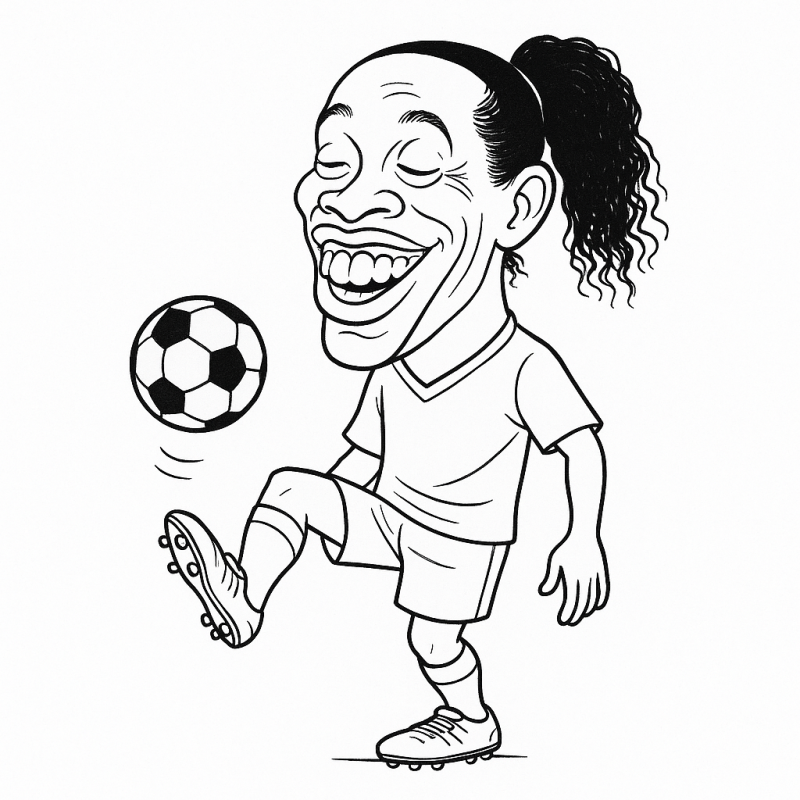 Caricatura de Ronaldinho Gaúcho equilibrando uma bola de futebol