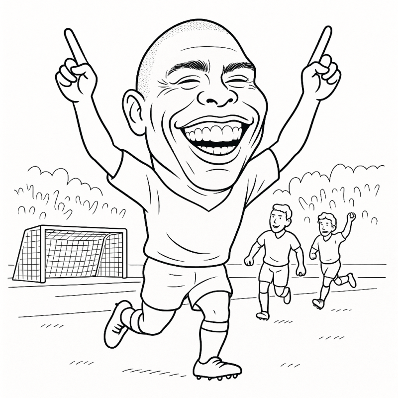 Ronaldo Fenômeno: Comemoração Celebrada do Futebol Ronaldo Fenômeno em uma cena animada de comemoração de futebol para colorir