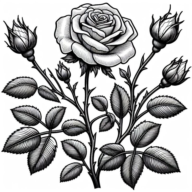 Desenho detalhado de uma rosa estilizada pronta para colorir