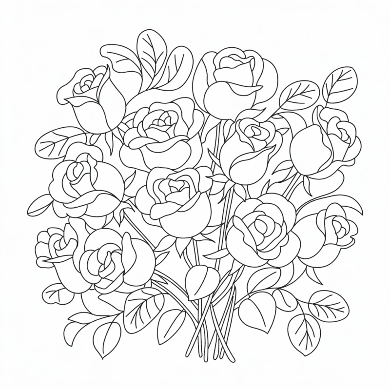 Desenho de buquê de rosas linear para colorir com pétalas detalhadas e folhas realistas.