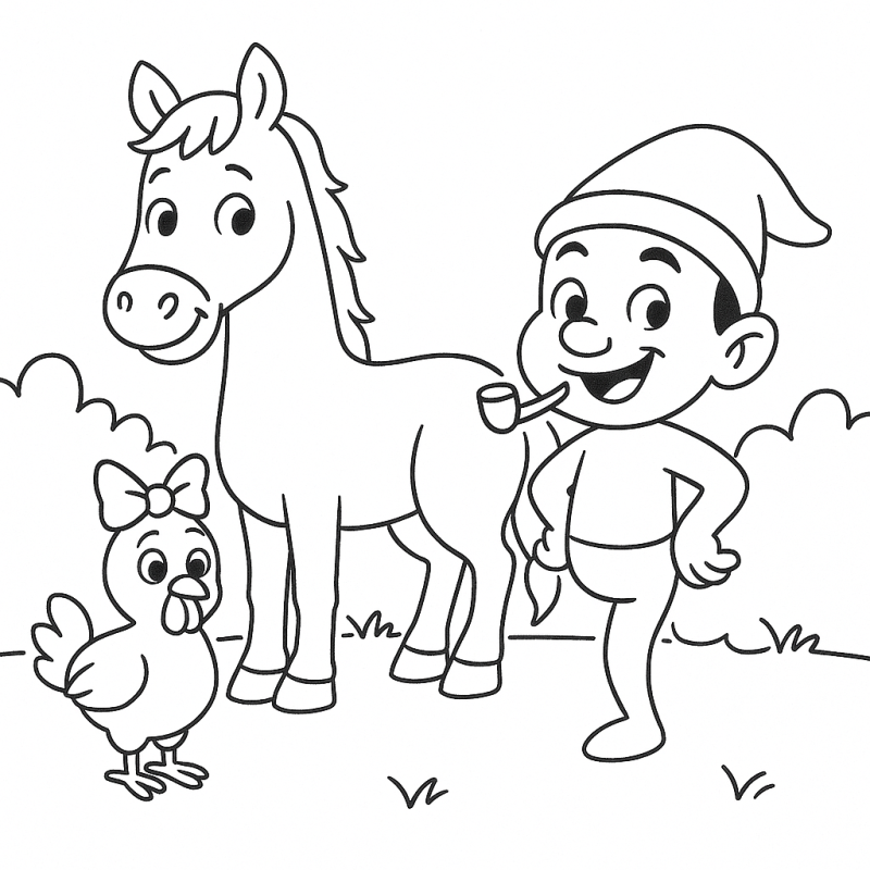 Desenho do Saci Pererê ao lado de um cavalo e uma galinha para colorir