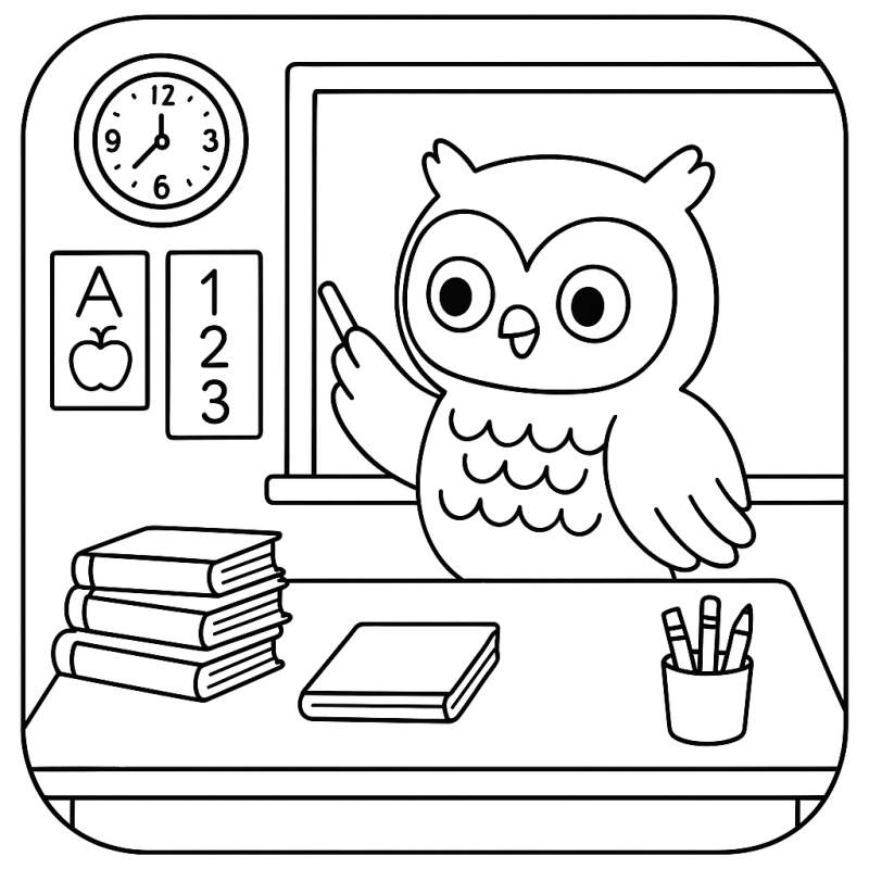 Desenho de uma coruja professora em sala de aula para colorir