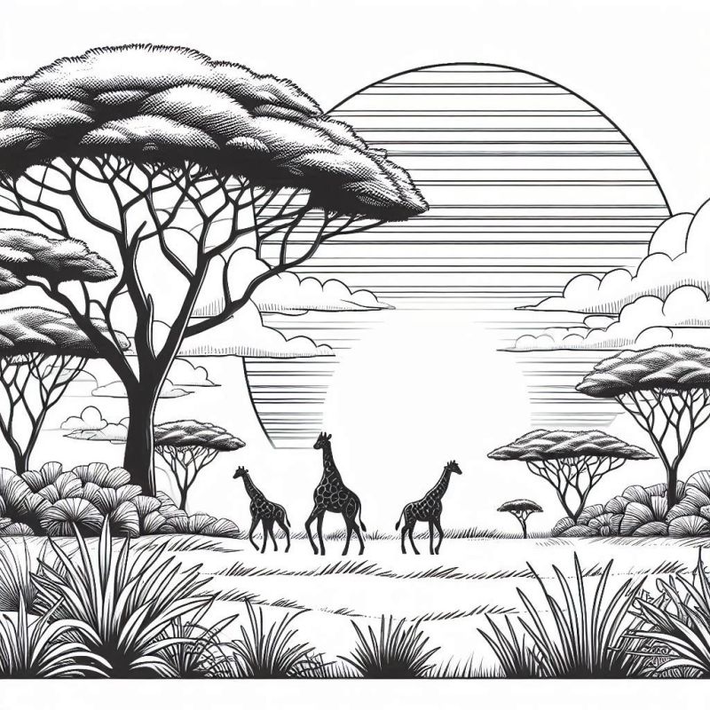 Desenho de savana com girafas, sol e vegetação para colorir