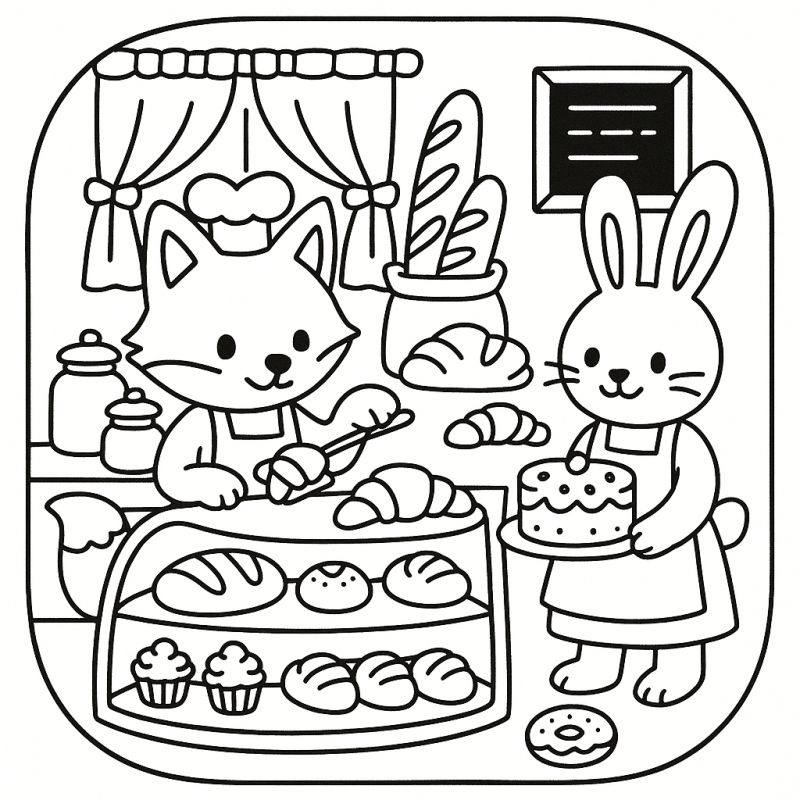 Desenho de Gatinho e Coelho na Padaria para Colorir Gatinho e Coelho na Padaria - Desenho para Colorir