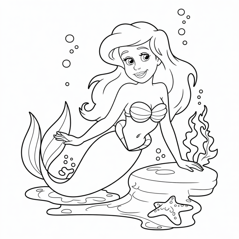 Desenho de sereia tradicional com sorriso, algas e bolhas para colorir