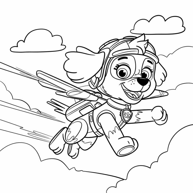 Desenho de Skye da Patrulha Canina voando com mochila a jato para colorir