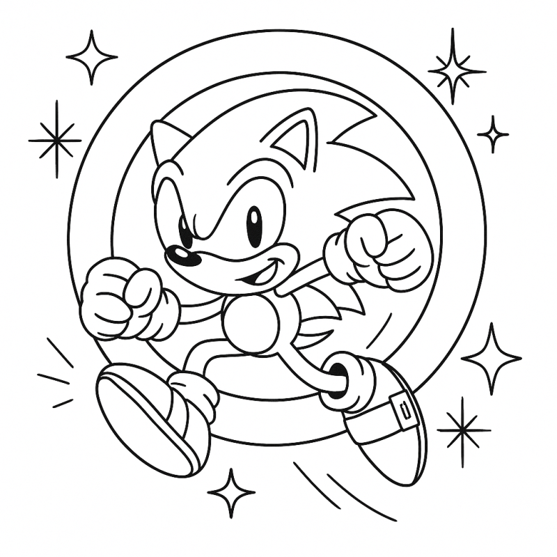 Desenho do Sonic saltando através de um anel dourado para colorir.