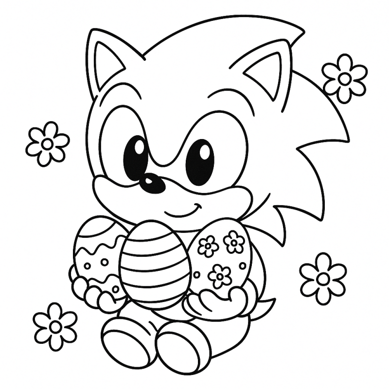 Desenho do Sonic bebê com flores e ovos de Páscoa para colorir