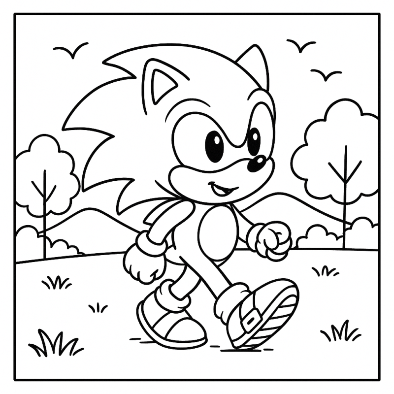 Desenho do jovem Sonic em paisagem natural para colorir