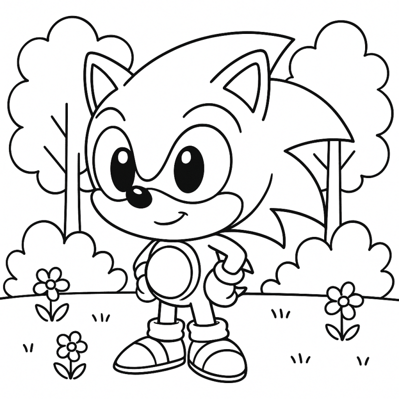 Sonic bebê estilizado em um cenário ao ar livre para colorir
