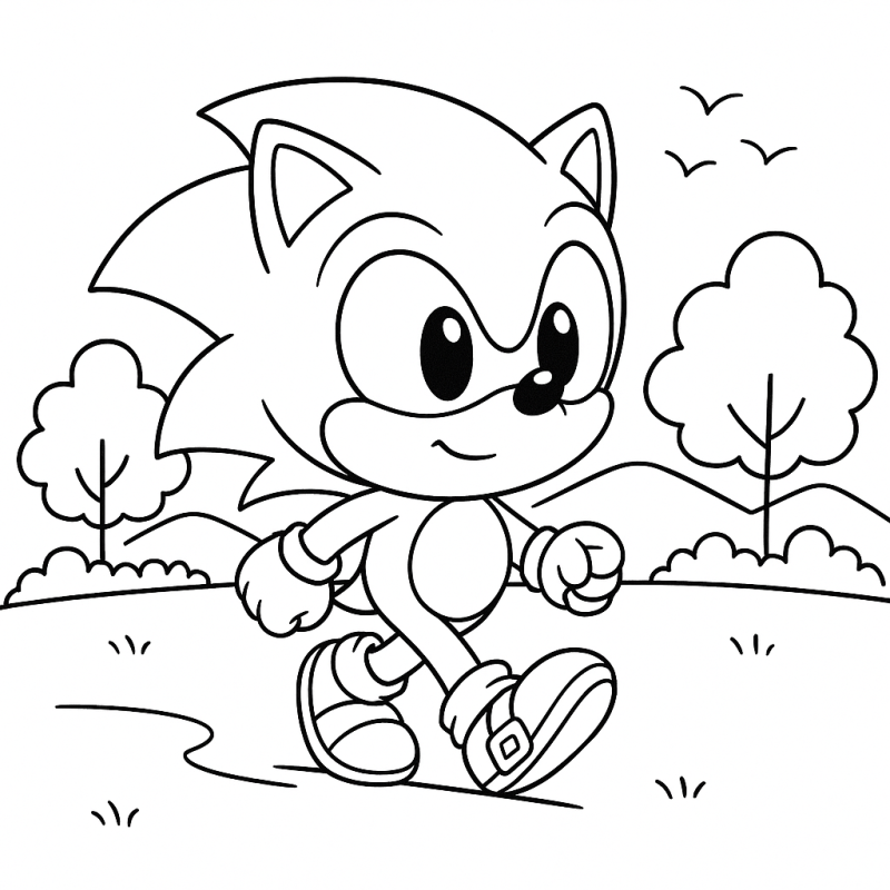 Sonic jovem caminhando alegremente em um campo ao ar livre para colorir