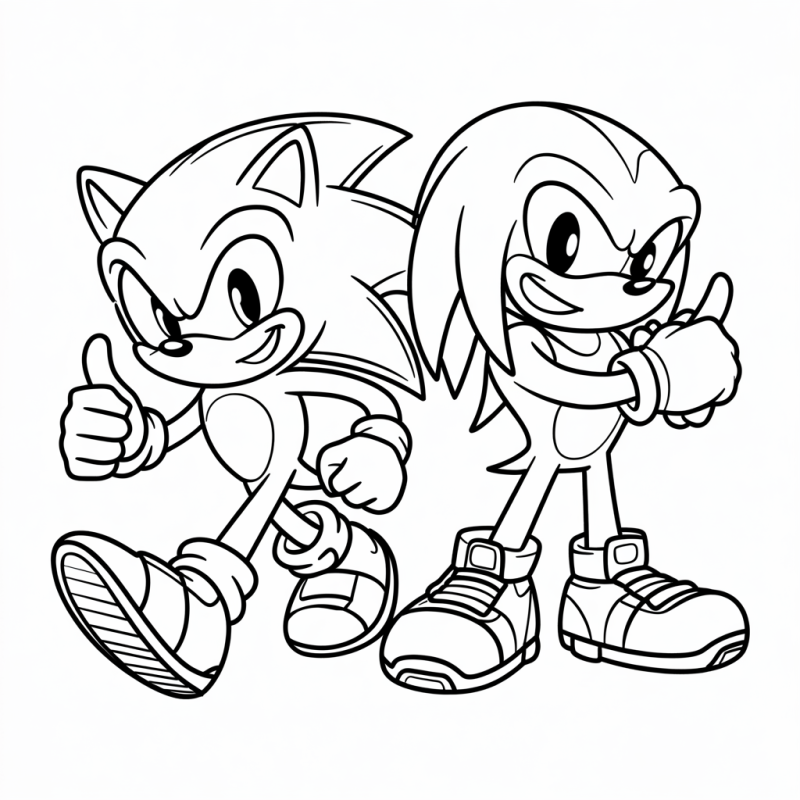 Desenho em preto e branco de Sonic e Knuckles em pose dinâmica para colorir