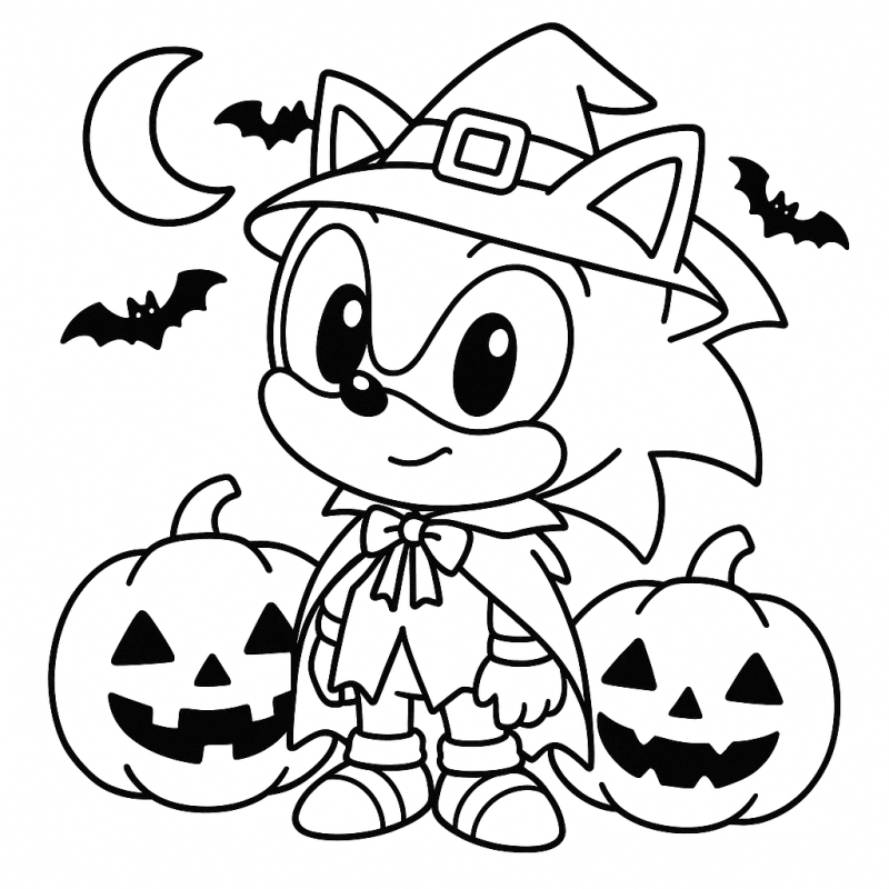 Sonic jovem em traje de Halloween com chapéu de bruxa e abóboras para colorir
