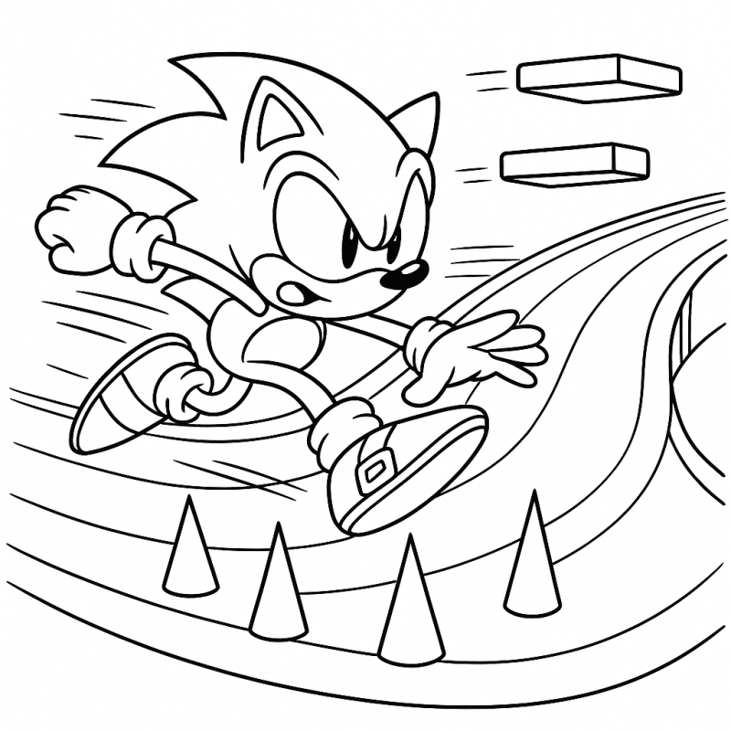 Desenho de Sonic em movimento saltando com ação e aventura para colorir
