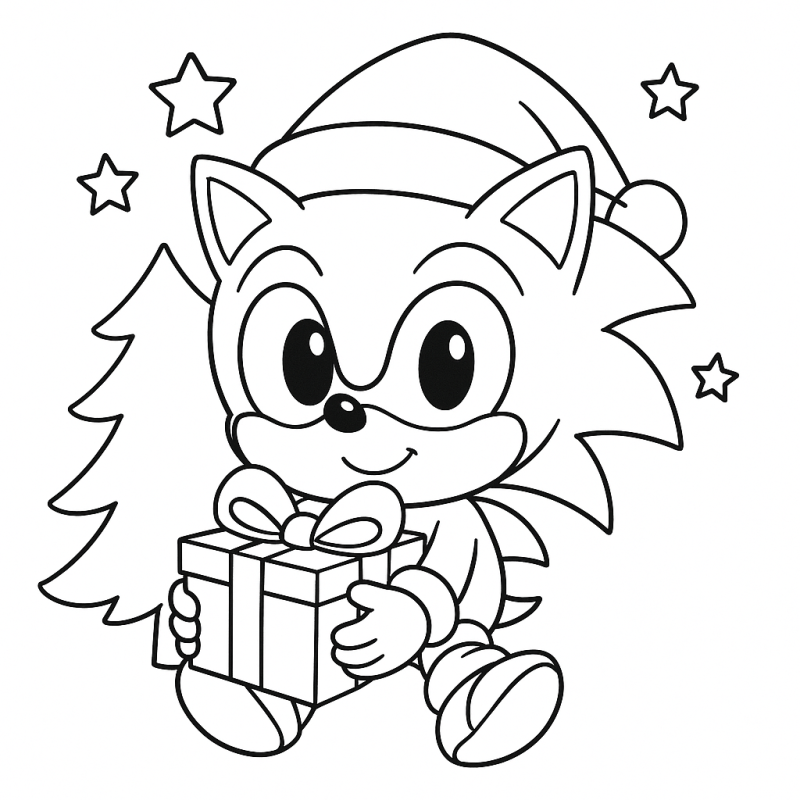 Desenho de Sonic jovem no Natal com gorro de Papai Noel para colorir