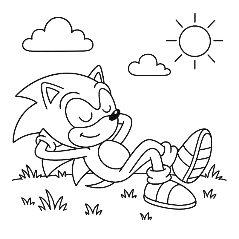 Sonic relaxando com um ambiente tranquilo ao fundo, perfeito para colorir