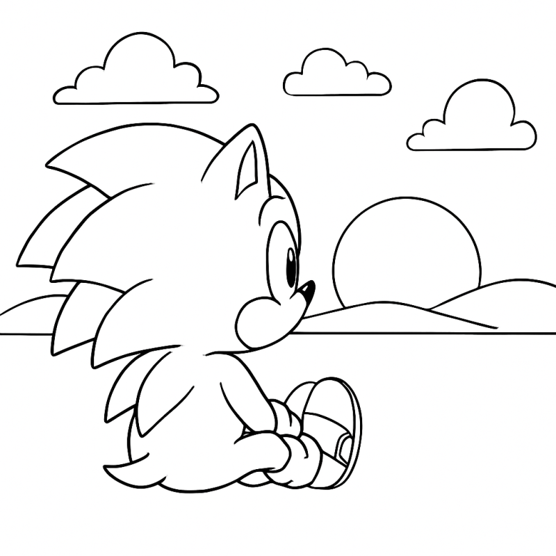 Desenho de Sonic jovem relaxando nas colinas ao pôr do sol