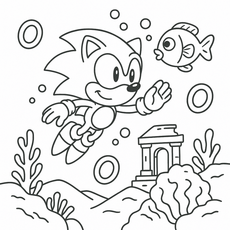 Esboço de Sonic subaquático nadando com peixes e anéis