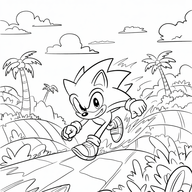 Sonic correndo em um cenário tropical para colorir