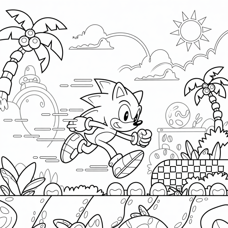Sonic correndo em cenário tropical com palmeiras e sol