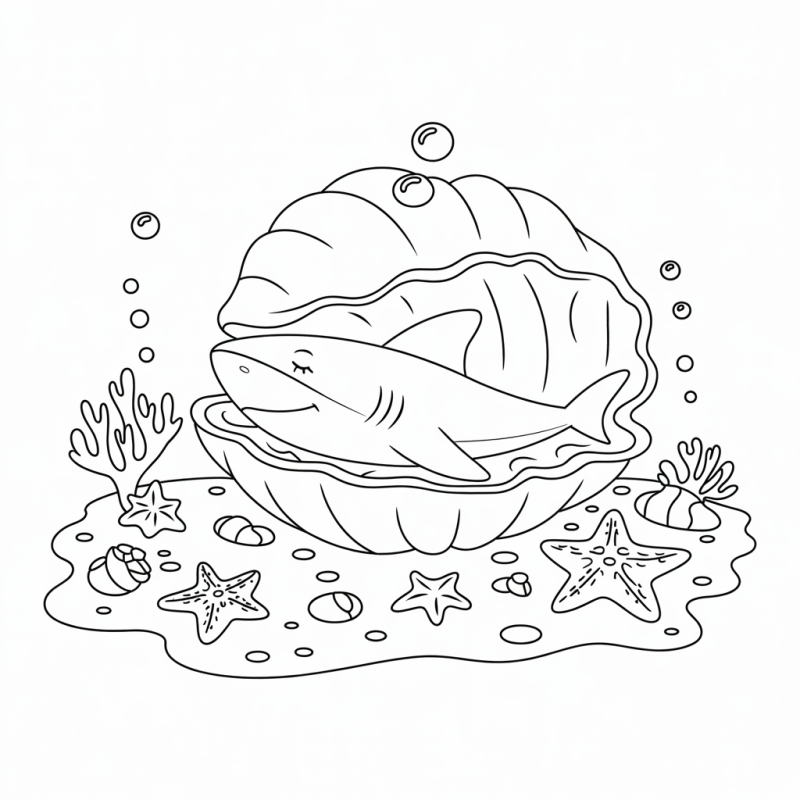 Desenho de tubarão dormindo em uma concha em cenário subaquático para colorir