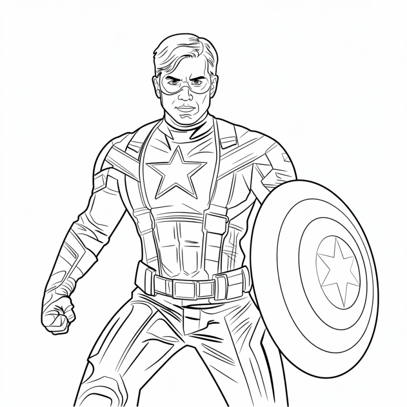 Desenho em preto e branco de um super-herói inspirado no Capitão América com escudo e traje detalhado para colorir.