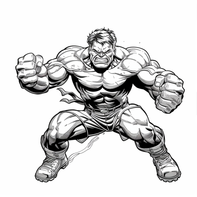 Desenho de super-herói musculoso em ação para colorir