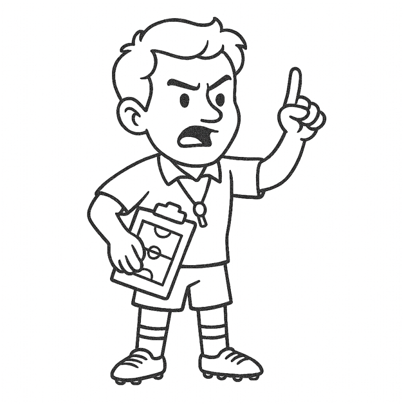 Desenho de técnico de futebol para colorir, destacando-se por sua postura enérgica e expressiva
