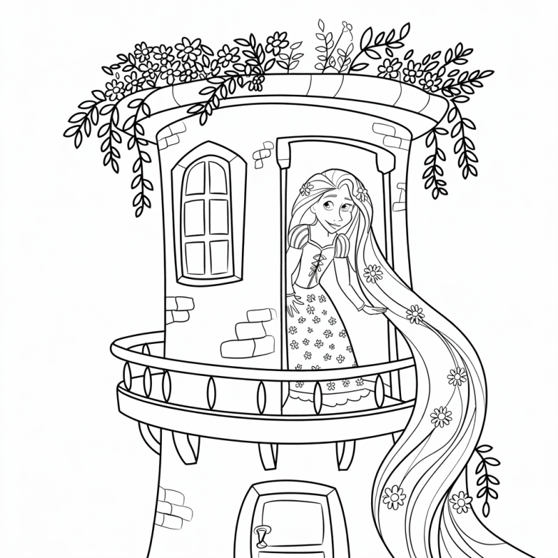 Desenho da Torre Encantada de Rapunzel com Elementos Mágicos