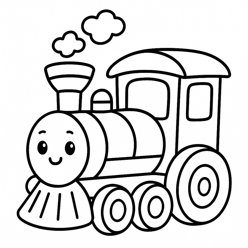 Desenho lineart de um trem sorridente e simplificado para crianças pequenas colorirem