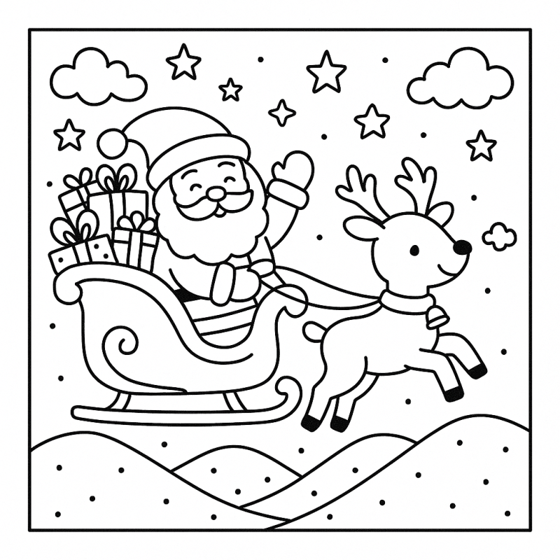 Desenho de Papai Noel no trenó voador com presentes