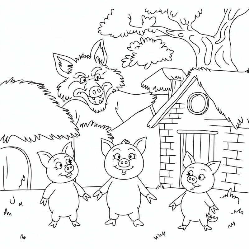 Desenho clássico dos Três Porquinhos para colorir, com lobo e casas de palha e tijolos.