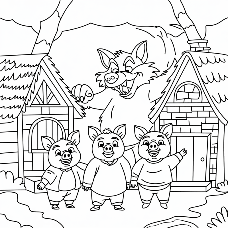Cena dos Três Porquinhos e o Lobo para colorir