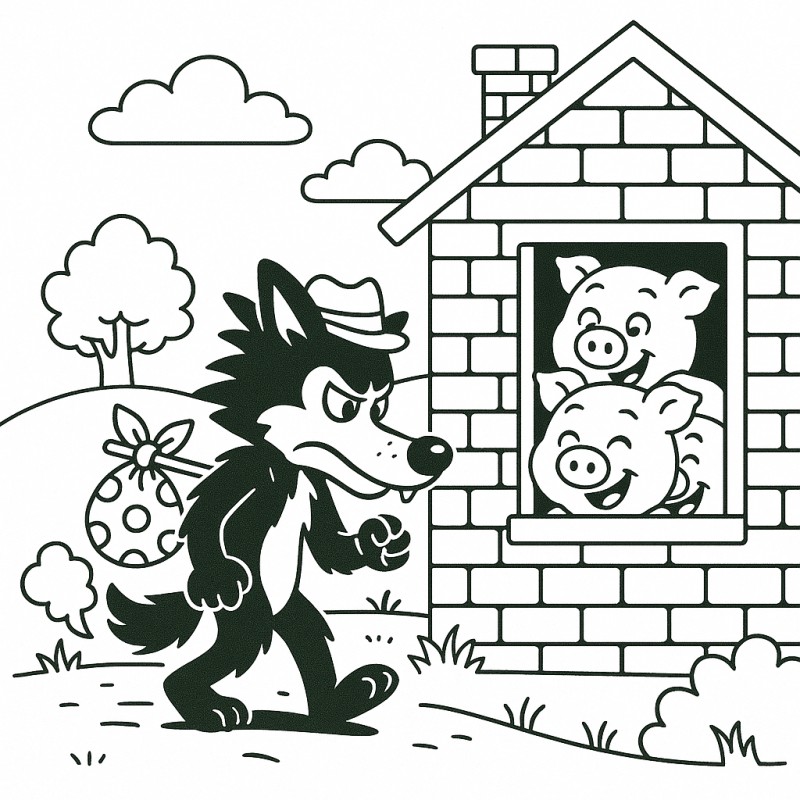 Cena para colorir dos Três Porquinhos com lobo maldoso e casa de tijolos