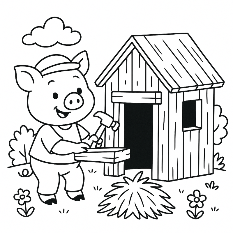 Desenho para colorir de um dos Três Porquinhos construindo casa de madeira