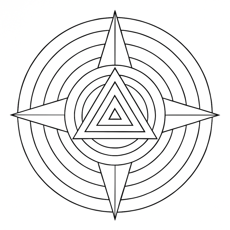 Desenho de triângulos abstratos e círculos concêntricos para colorir