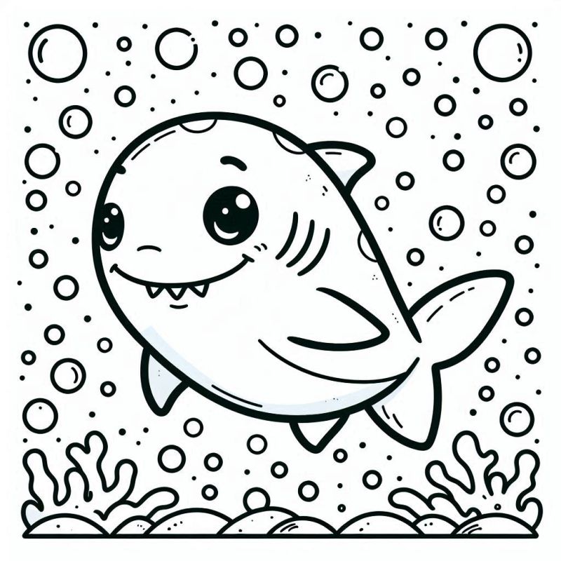 Desenho cartunesco e amigável de um tubarão sorridente para colorir