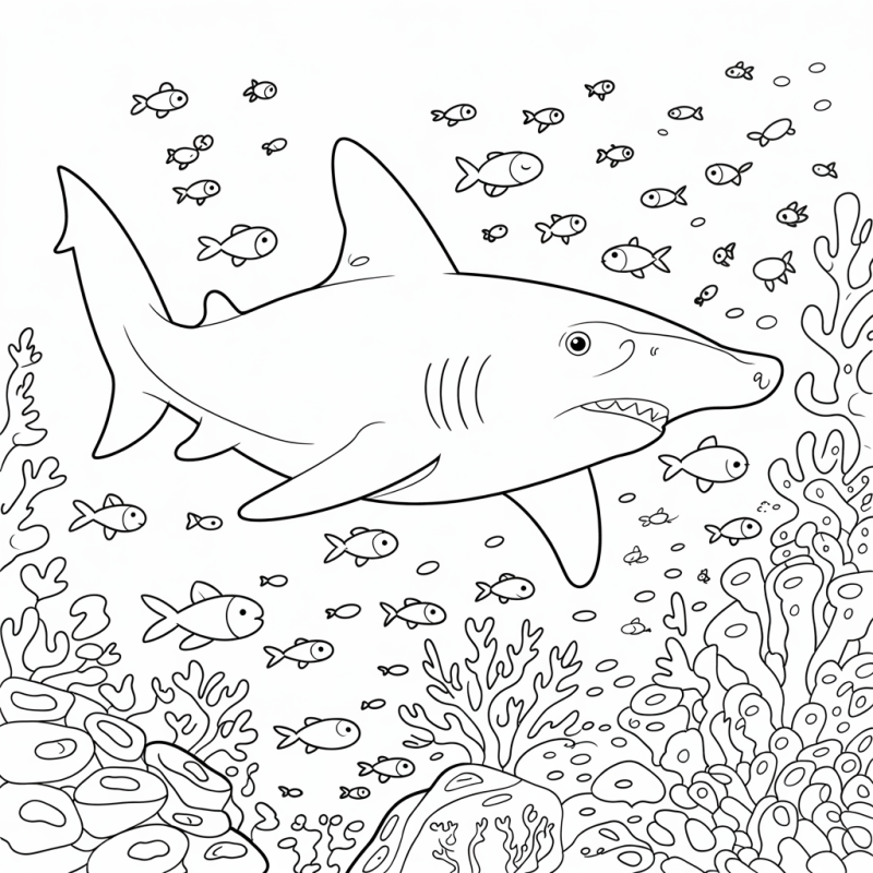 Desenho detalhado de um tubarão em um cenário marinho com peixes e corais
