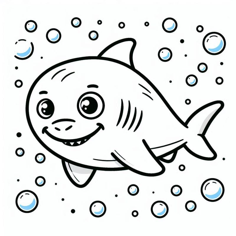Desenho de tubarão amigável em estilo de desenho animado para colorir