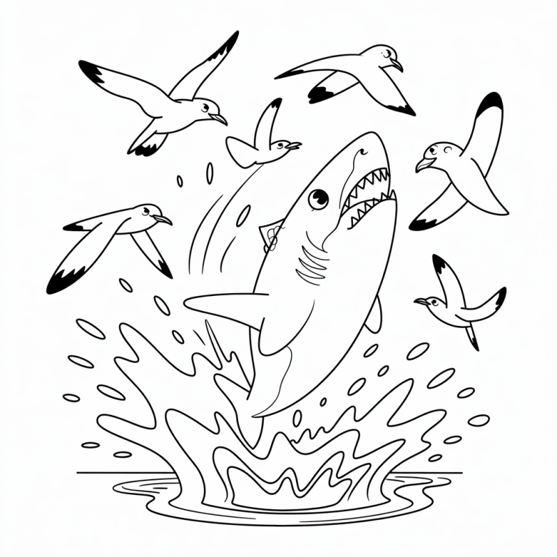 Tubarão saltando para fora da água com gaivotas ao redor para colorir