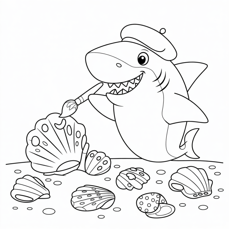 Desenho de tubarão amigável com boina e pincel para colorir