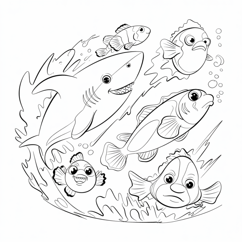 Desenho de tubarão sorridente cercado por peixes diversos para colorir