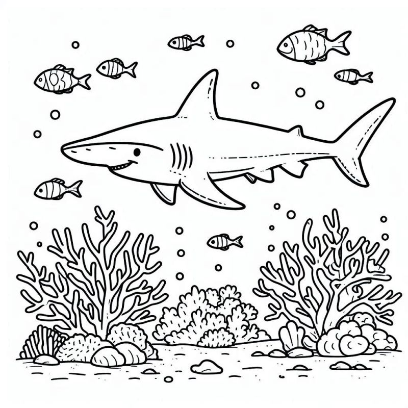 Cenário subaquático com tubarão amigável e peixes para colorir