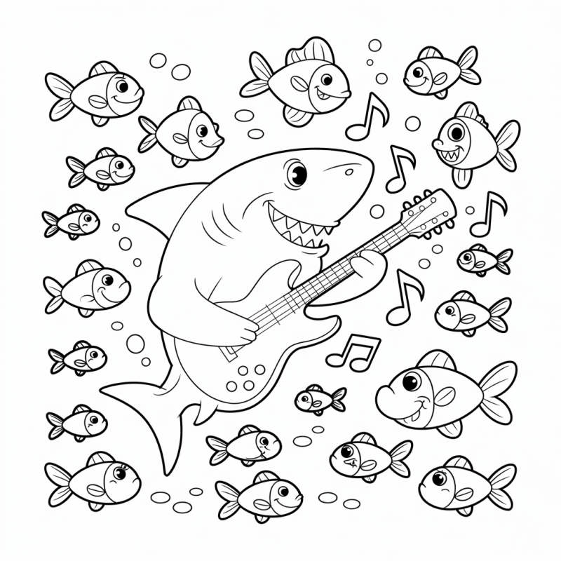 desenho de tubarão tocando guitarra elétrica e peixinhos dançando