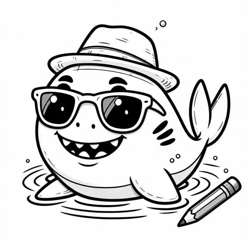 Desenho de Tubarão engraçado com óculos e chapéu para colorir