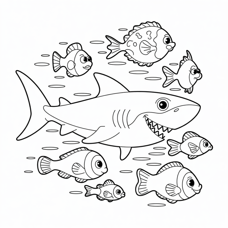 Desenho para colorir de um tubarão amigável cercado por peixes