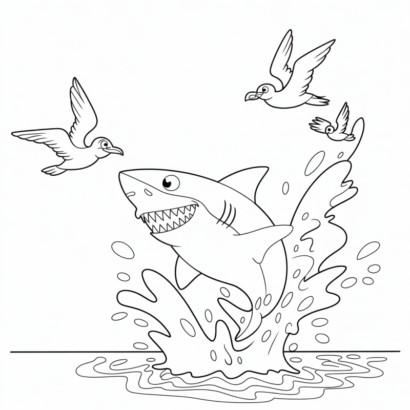 Desenho de um tubarão amigável e sorridente saltando no mar com aves voando acima.