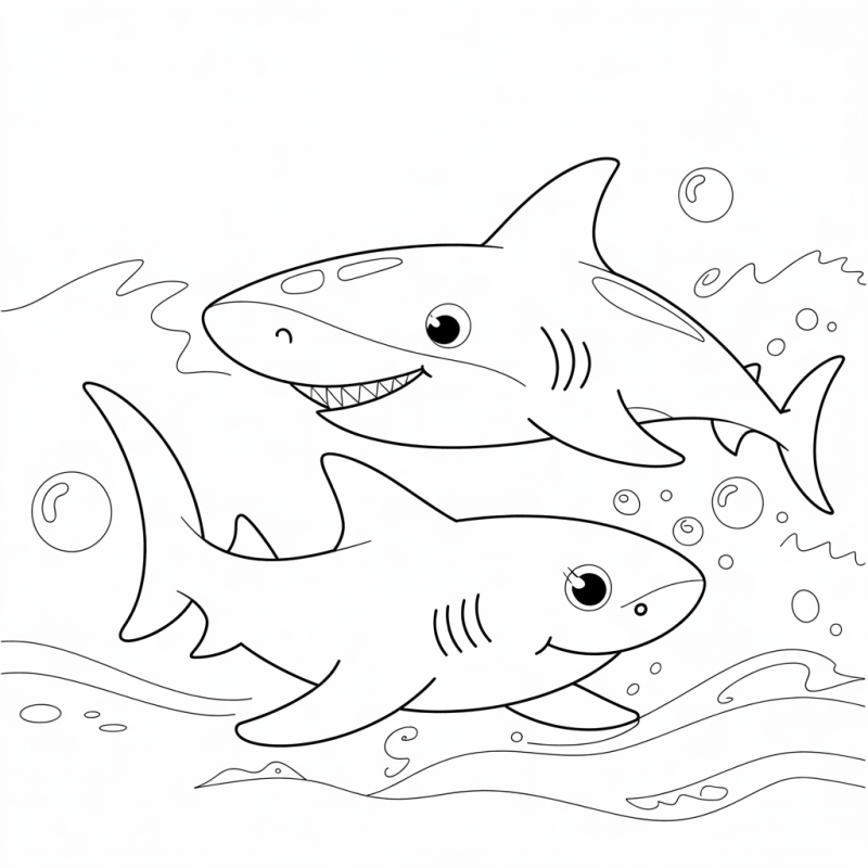 Desenho de tubarões caricatos para colorir com expressões amigáveis