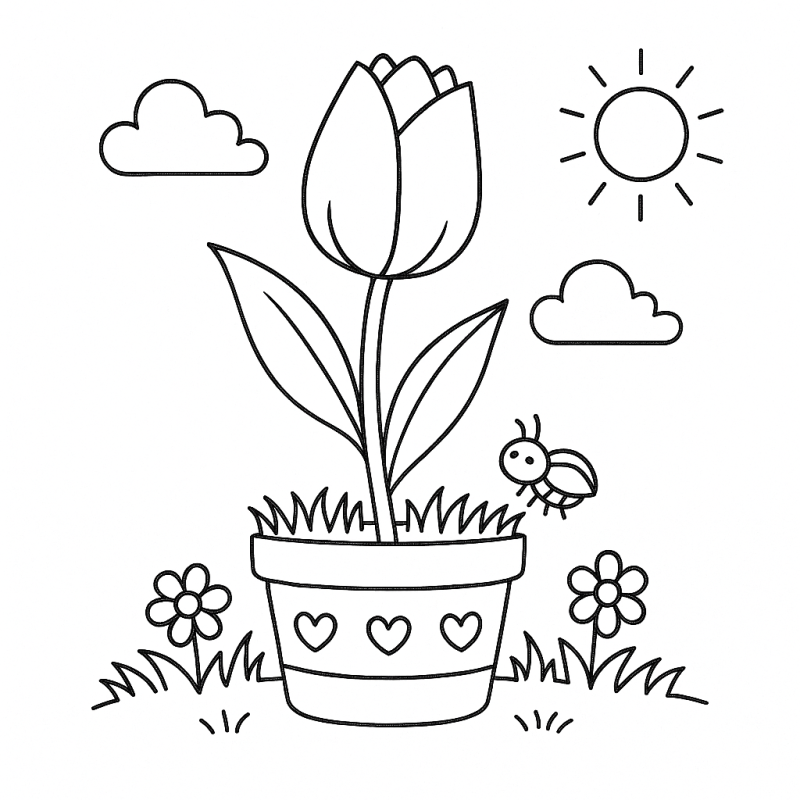 Vaso de planta com tulipa, sol e inseto voador